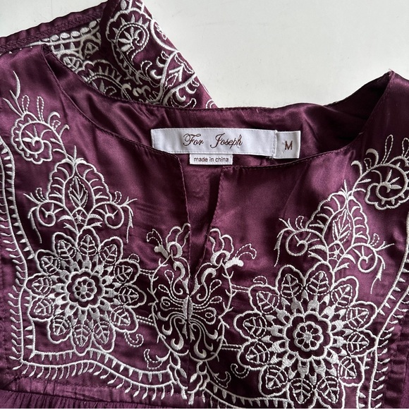 FOR JOSEPH Purple Embroidered Floral SATIN YOKE Boho Flowy Shift L/S Dress Sz M - Picture 7 of 10